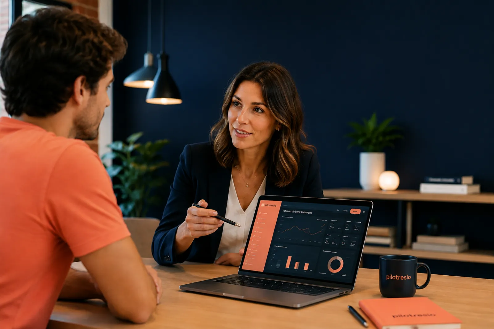 Un expert-comptable présente le tableau de bord de trésorerie Pilotresio à son client